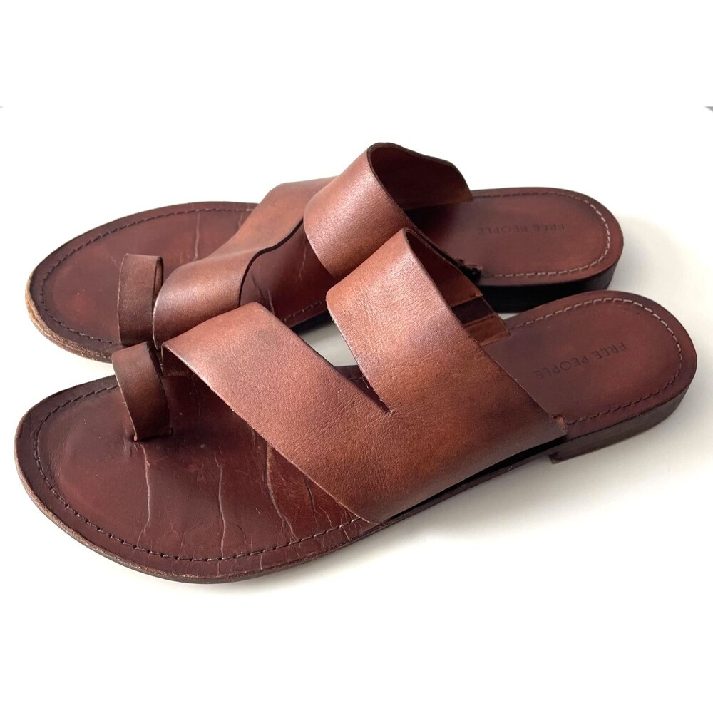 Free People Womens EU 39.5 Brown Leather Toe Loop Flat Slide Sandals